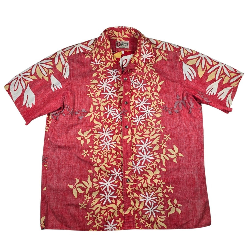 Hilo Hattie Red Floral Reverse Print Made In Hawaii S/S Hawaiian Shirt Men's L